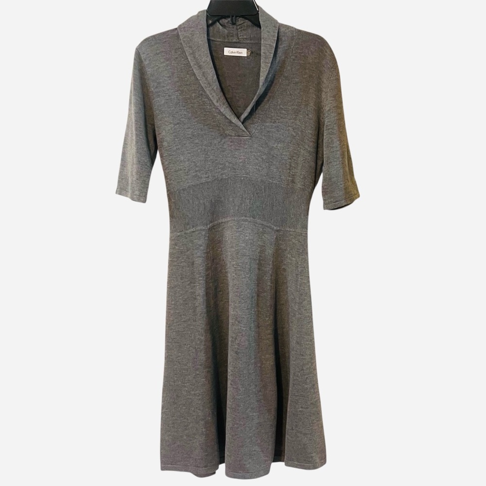 Calvin Klein Grey Sweater Dress Fit n Flare Shawl collar Med Midi Banded Waist